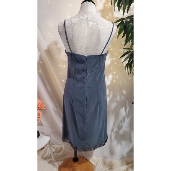 Vtg Rampage 90s Y2K Faux Suede Fringe Mesh Cutout Dress Junior Size 11 Blue Boho - Picture 3 of 13